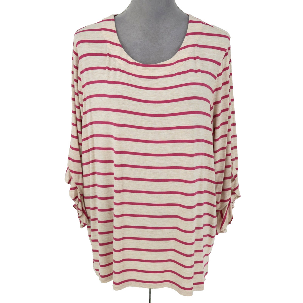 Chicos Top 4 Womens 2XL Ivory Pink Stripe Ruffle Sleeves Tunic T-shirt Pullover